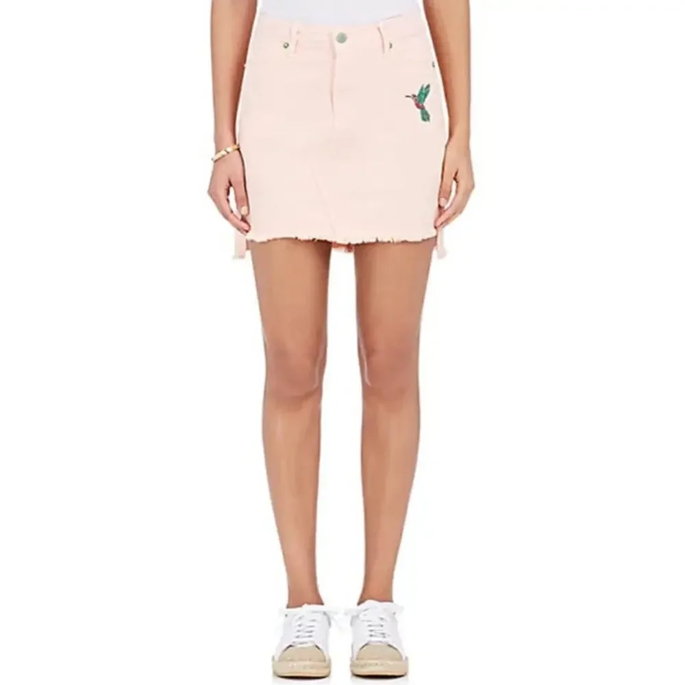 Sandrine Rose Light Pink Embroidered Denim Mini Skirt Hummingbird Size 28